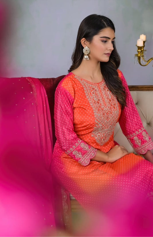 Bandhani Digital Print Heavy Embroidery Suit Set - Dual Shade