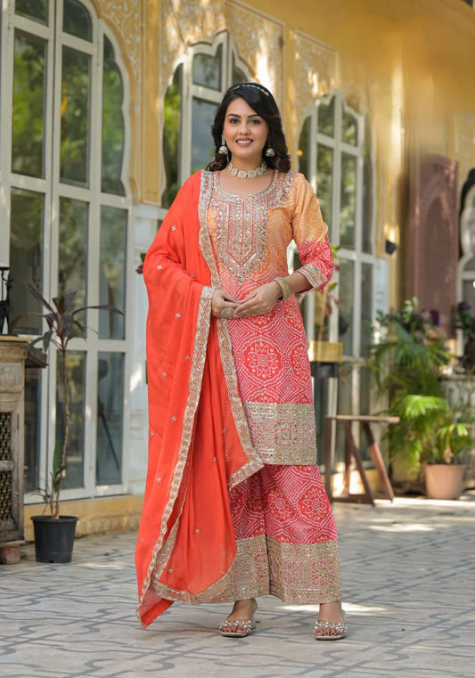 Bandhani Print Plazzo Suit Set With Heavy Embroidery Work