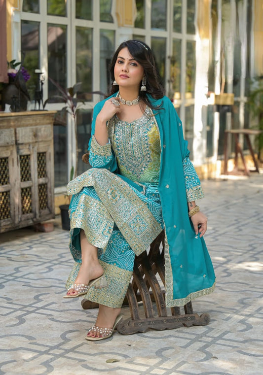 Bandhani Print Plazzo Suit Set With Heavy Embroidery Work